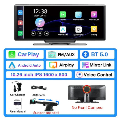 10.26" Dash Cam 4K Car Mirror Video Player Wireless Carplay Android Auto Car Monitor Multimedia GPS Rearview Camera Dashboard