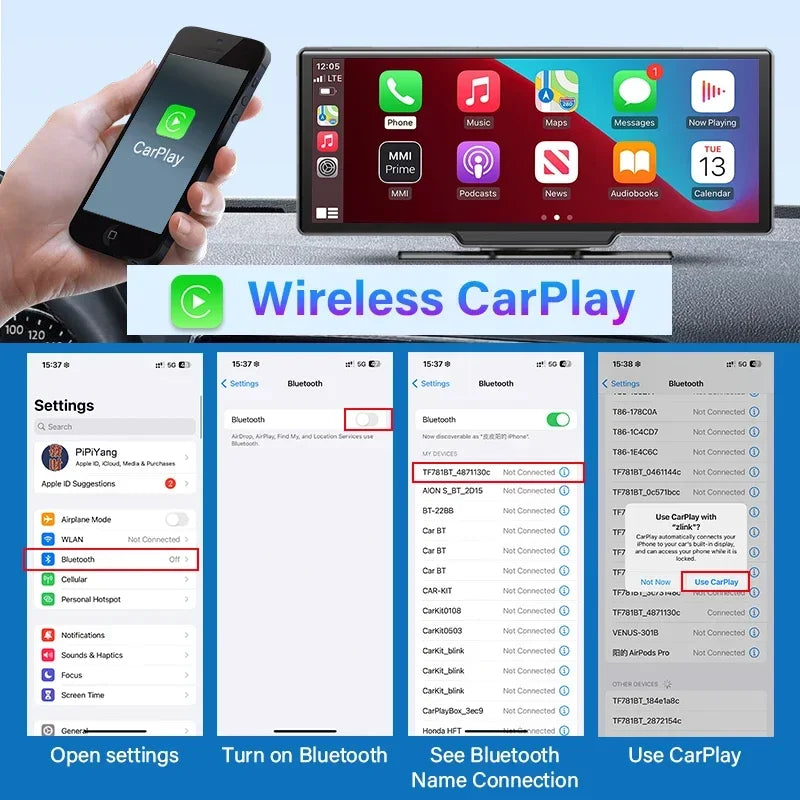 10.26" Dash Cam Rearview Camera WIFI Carplay & Android Auto 4K DVR GPS Navigation Video Recorder Dashboard Dual Len 24H Park AUX