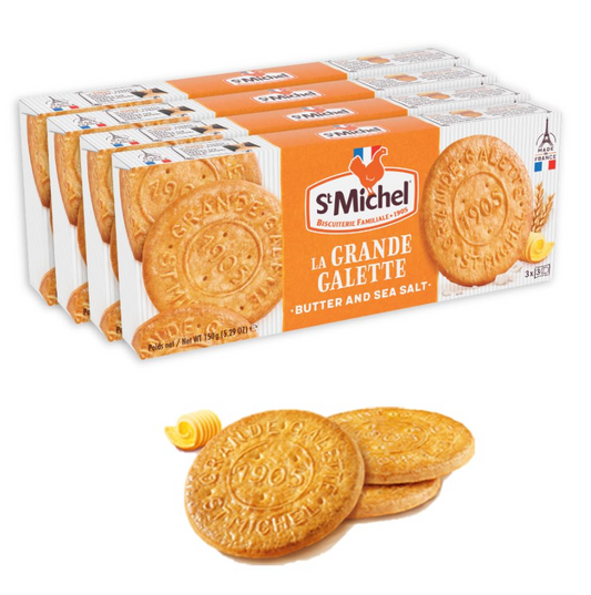 St Michel Grandes Galettes Butter Cookies Biscuits with Sea Salt 5.29oz Made In France, Pack of 4 Non-GMO total of 36 Pure Butter Cookies