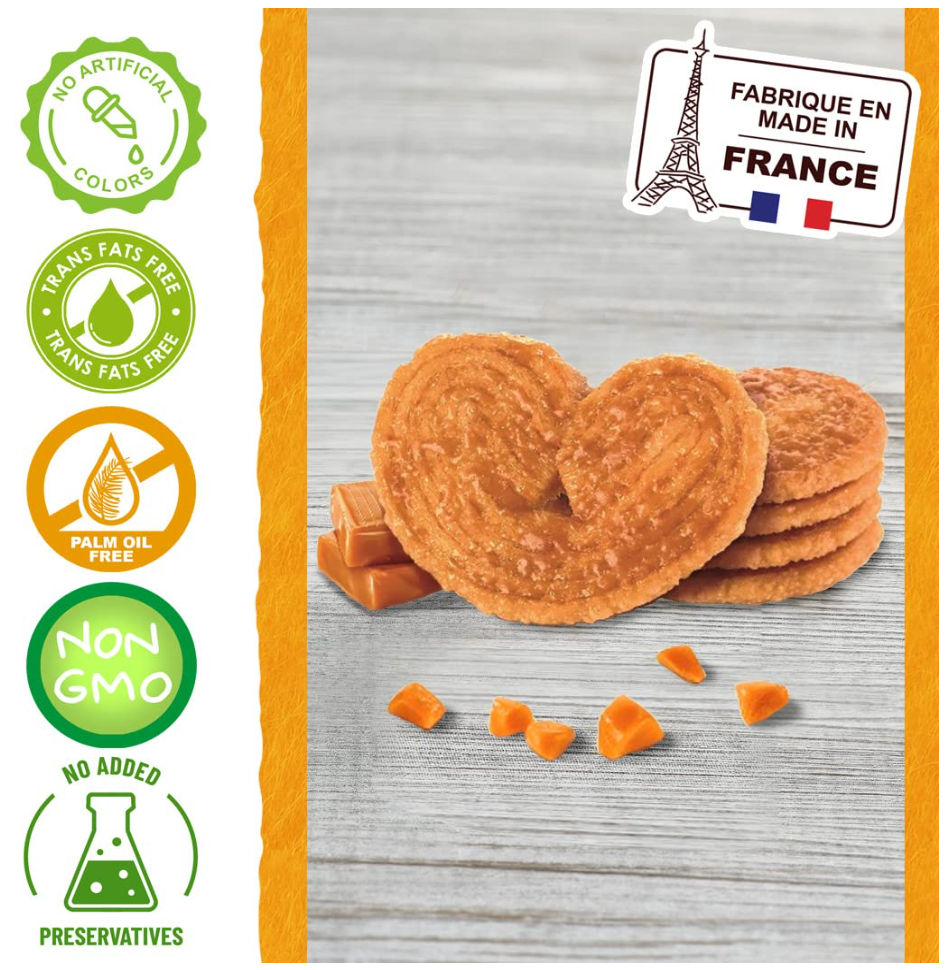 St Michel Caramel Palmiers Biscuits Made In France, pack of 4 (100g each) Non-GMO. Total of 48 Crunchy Caramel glazed Puff Pastry Butter Biscuits