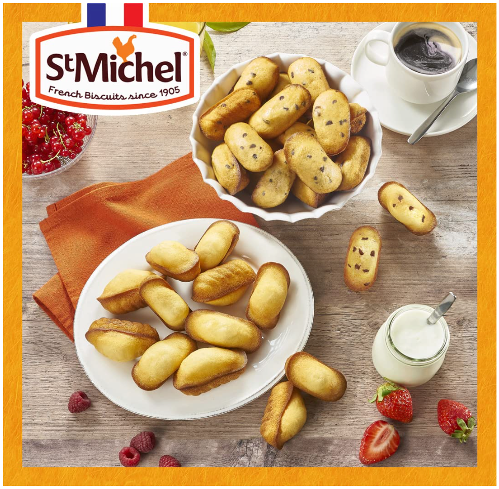 St Michel Traditional Mini Madeleines + Mini Chocolate Chip Madeleines French Sponge Cakes Made in France, 2 packs of each (175g each) Non-GMO.