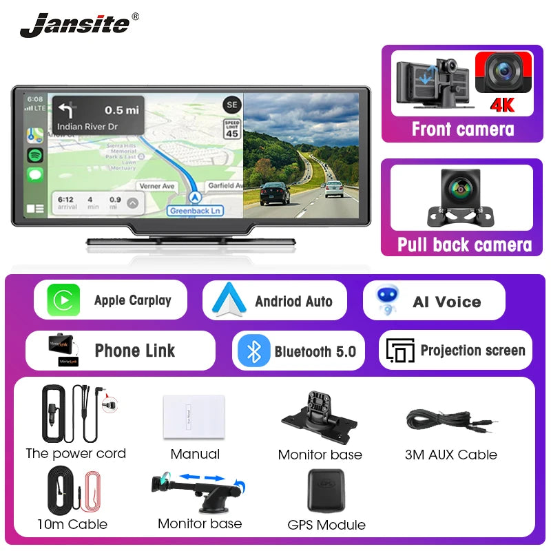 10.26" Dash Cam Rearview Camera WIFI Carplay & Android Auto 4K DVR GPS Navigation Video Recorder Dashboard Dual Len 24H Park AUX