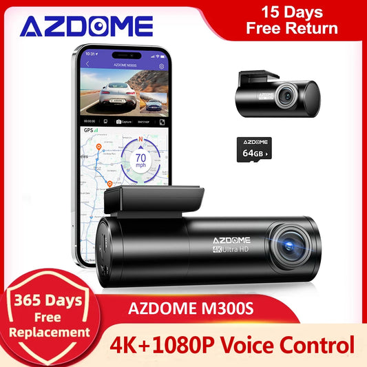 AZDOME M300S Car Recorders 4K+1080P Rear Camera (Free 64G TF) 800MP Lens GPS Wifi Car DVR Voice Control  Dash Cam Night Vision